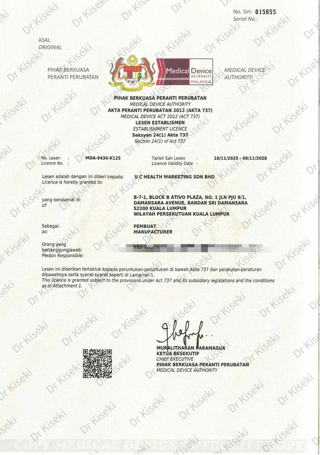 MDA Establishment Licence for U C Health Marketing Sdn Bhd