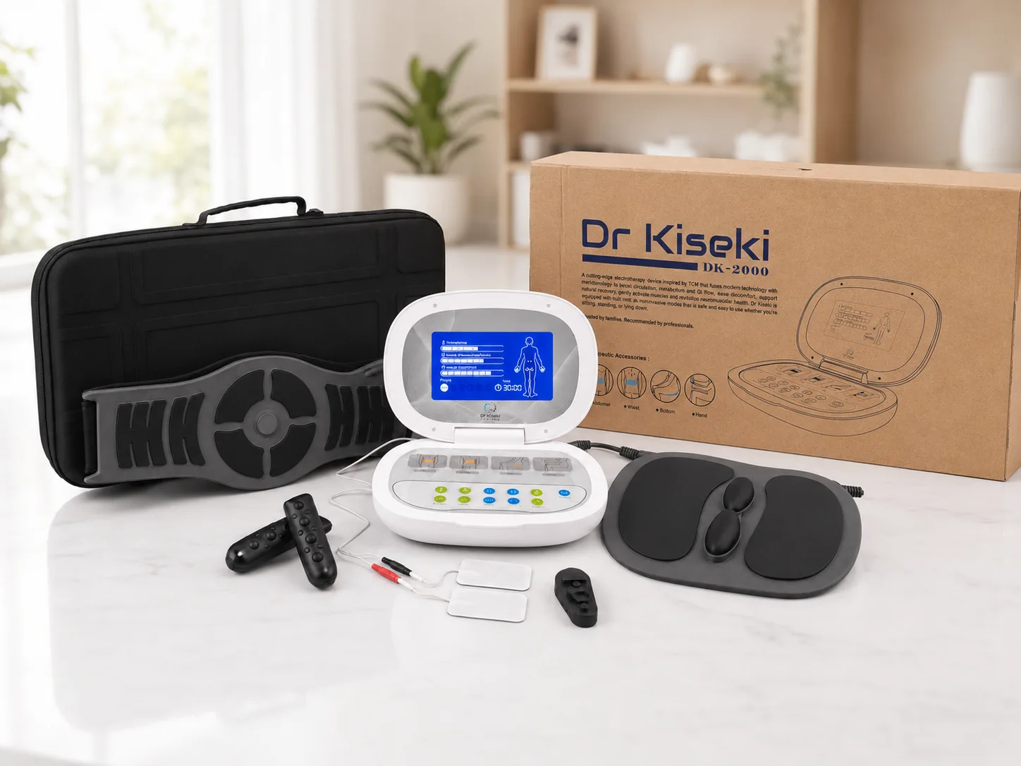 The complete Dr Kiseki DK-2000 home-use set, including the device, carry case, hand grips, foot pads and body pads