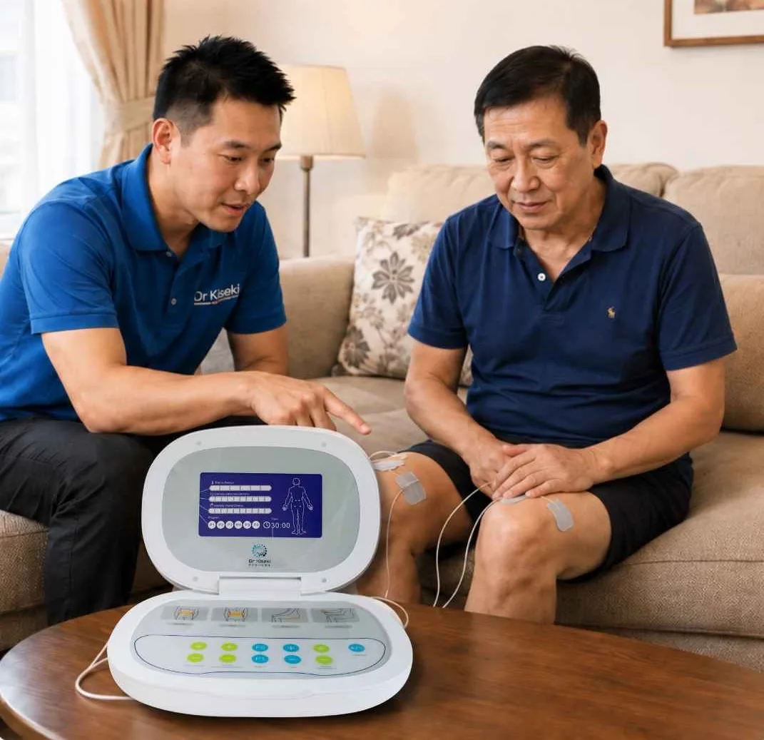 The Dr Kiseki home-use device with hand grips, foot pads and body pads, while a consultant guides the user