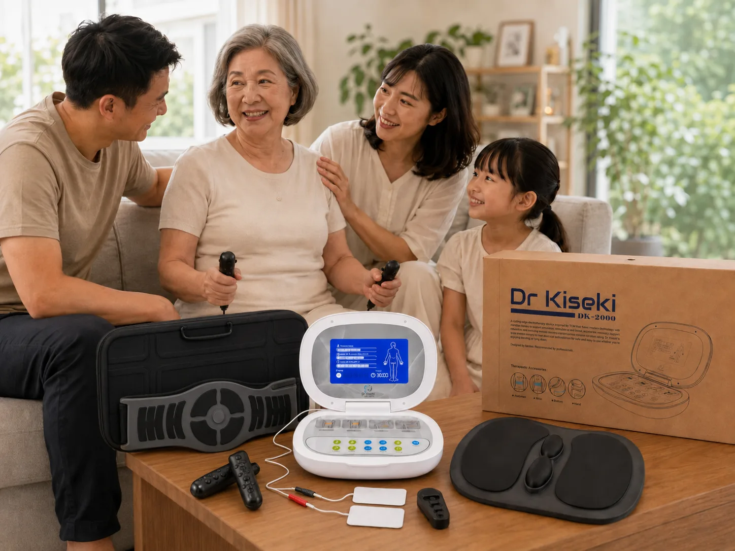 A family at home with the complete Dr Kiseki® DK-2000 home-use set