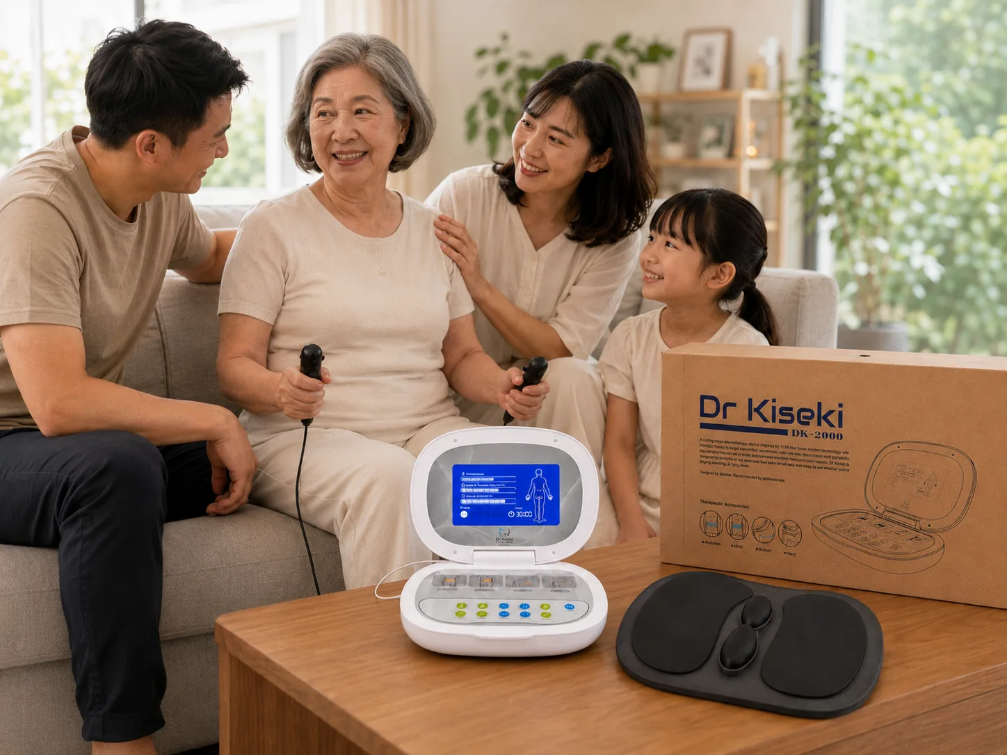 A family using the Dr Kiseki DK-2000 device together at home
