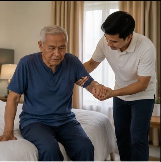 A son gently helping his elderly father stand up from the bed at home