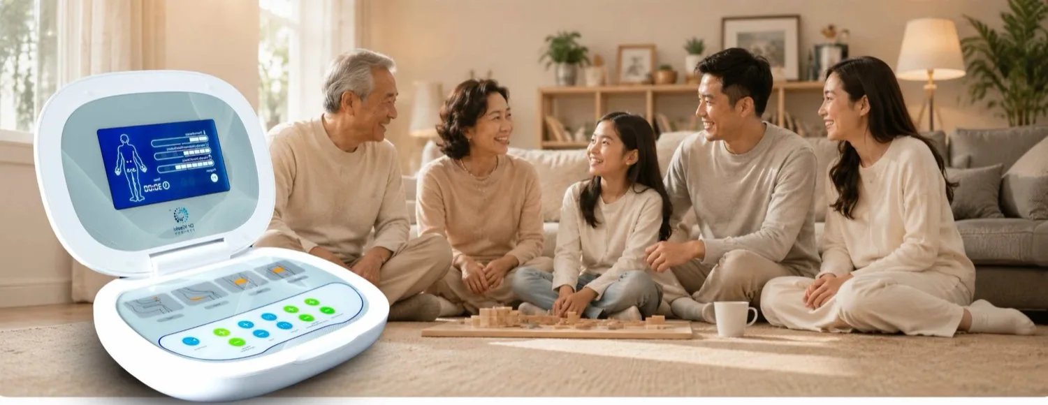 A family relaxing at home with the Dr Kiseki device